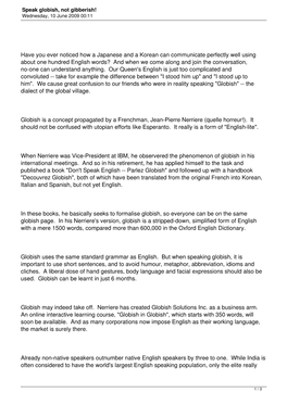 Speak Globish, Not Gibberish! Wednesday, 10 June 2009 00:11