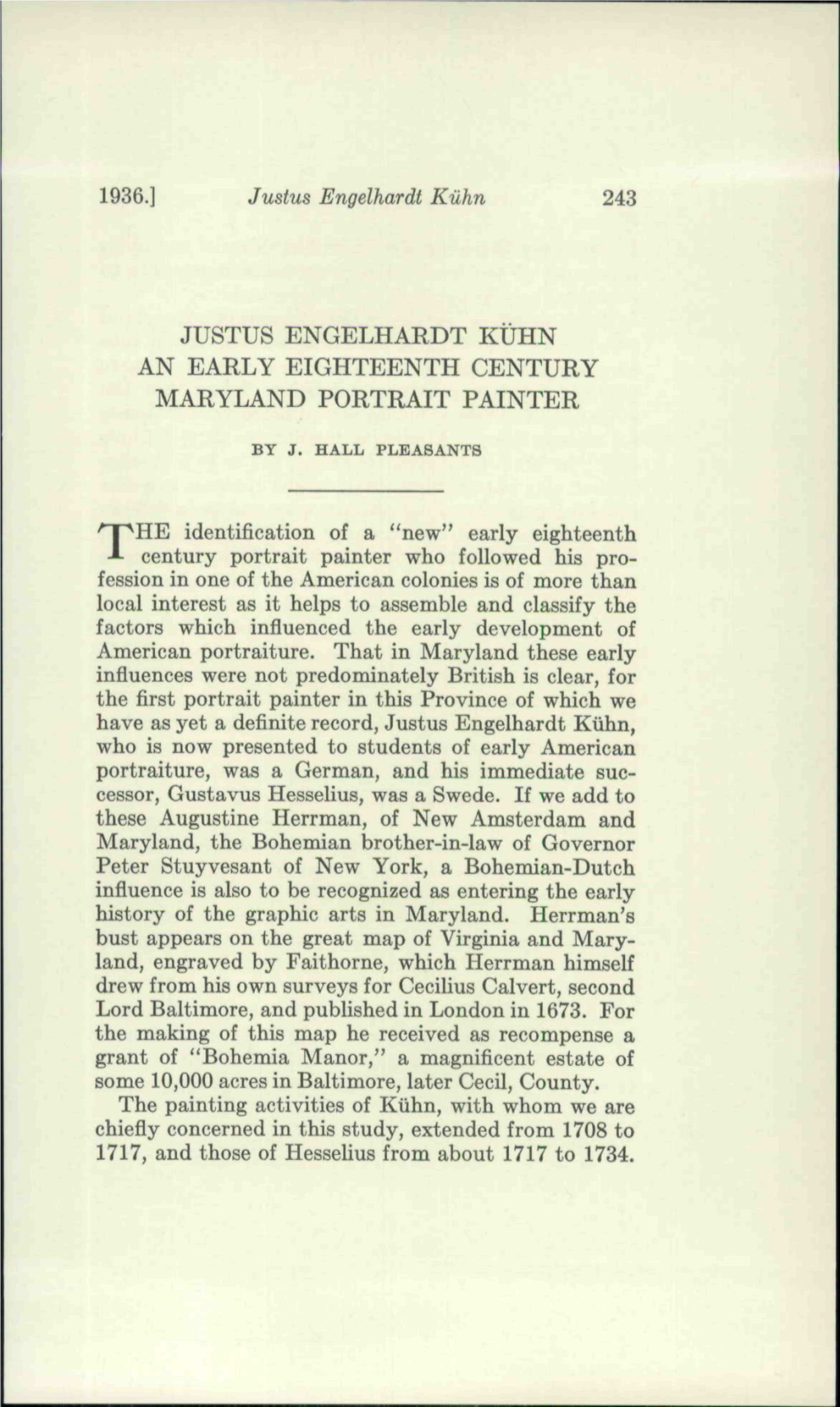 Justus Engelhardt Kühn an Early Eighteenth Century Maryland Portrait Painter