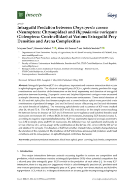 Intraguild Predation Between Chrysoperla Carnea (Neuroptera: Chrysopidae) and Hippodamia Variegata (Coleoptera: Coccinellidae) A
