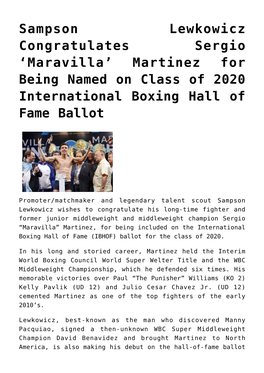 Sampson Lewkowicz Congratulates Sergio 'Maravilla' Martinez for Being