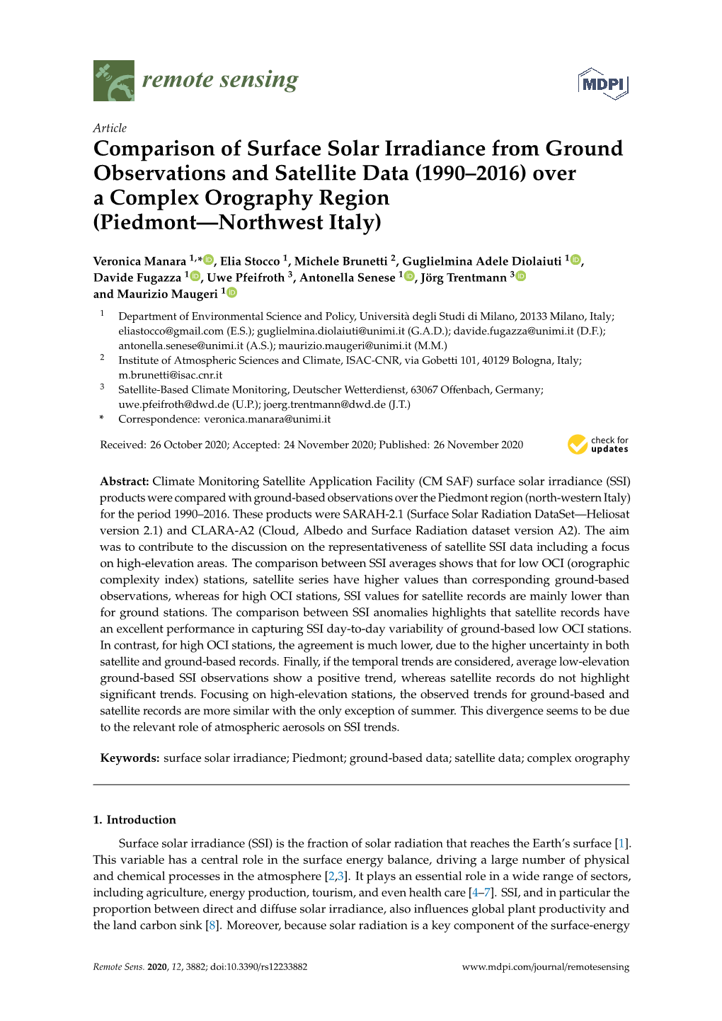 Comparison of Surface Solar Irradiance from Ground Observations and Satellite Data (1990–2016) Over a Complex Orography Region (Piedmont—Northwest Italy)