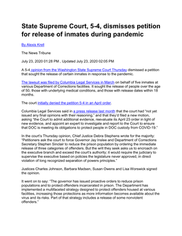 State Supreme Court, 5-4, Dismisses Petition for Release of Inmates During Pandemic