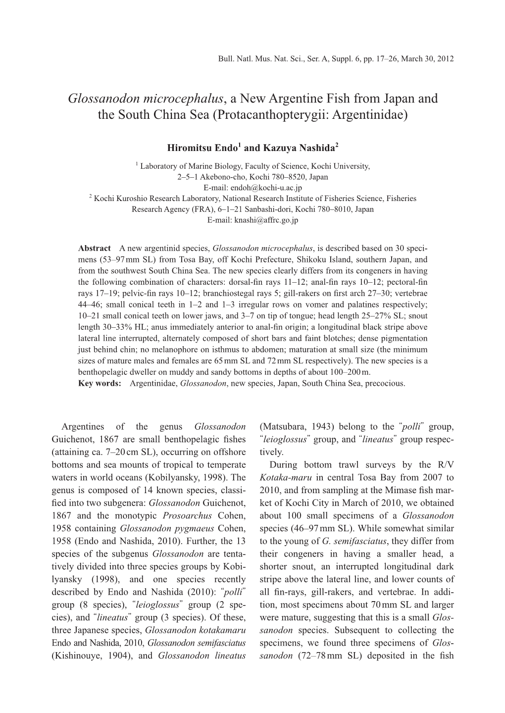 Glossanodon Microcephalus, a New Argentine Fish from Japan and the South China Sea (Protacanthopterygii: Argentinidae)