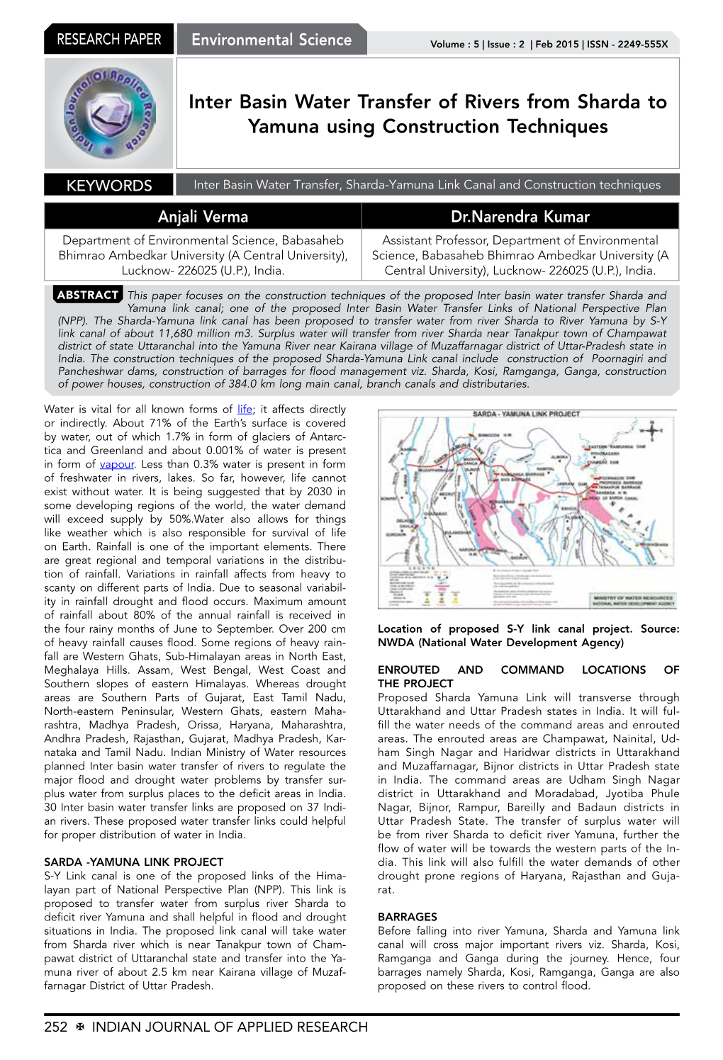 Inter Basin Water Transfer of Rivers from Sharda to Yamuna Using Construction Techniques