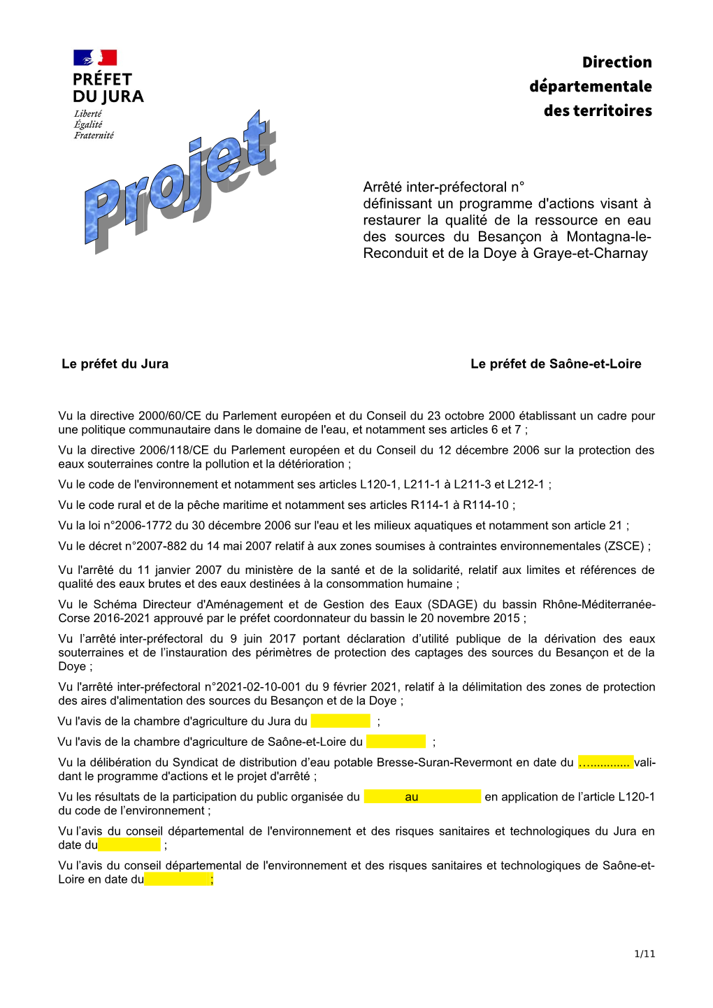 Le Projet D'arrêté Préfectoral Définissant