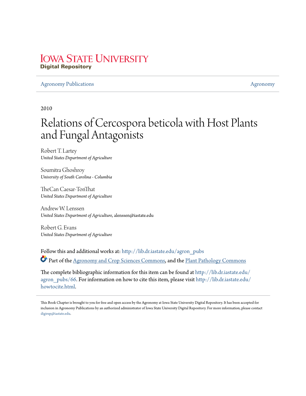 Relations of Cercospora Beticola with Host Plants and Fungal Antagonists Robert T