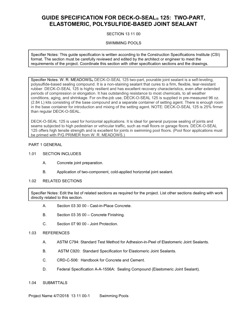 Guide Specification for Deck-O-Seal 125: Two-Part, Elastomeric, Polysulfide-Based Joint