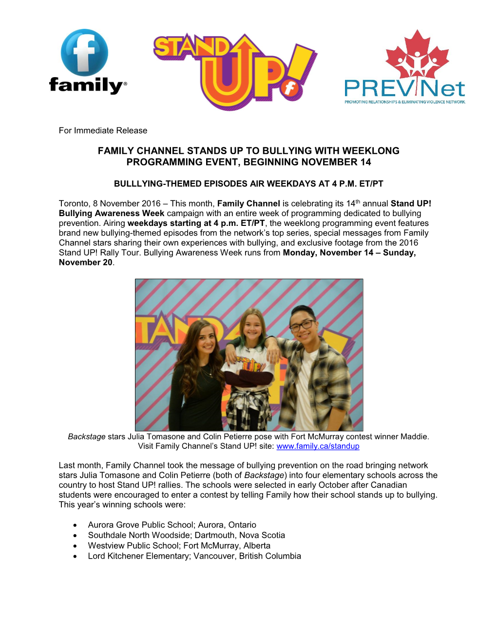 Family Channel Stands up to Bullying with Weeklong Programming Event, Beginning November 14