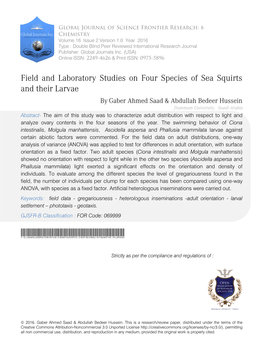 Field and Laboratory Studies on Four Species of Sea Squirts and Their