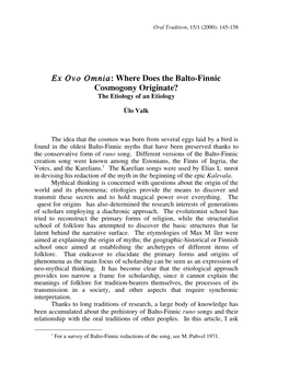 Ex Ovo Omnia: Where Does the Balto-Finnic Cosmogony Originate? the Etiology of an Etiology