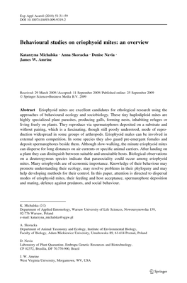 Behavioural Studies on Eriophyoid Mites: an Overview