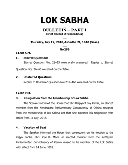 LOK SABHA ___ BULLETIN – PART I (Brief Record of Proceedings) ___