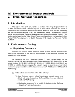 IV. Environmental Impact Analysis J. Tribal Cultural Resources