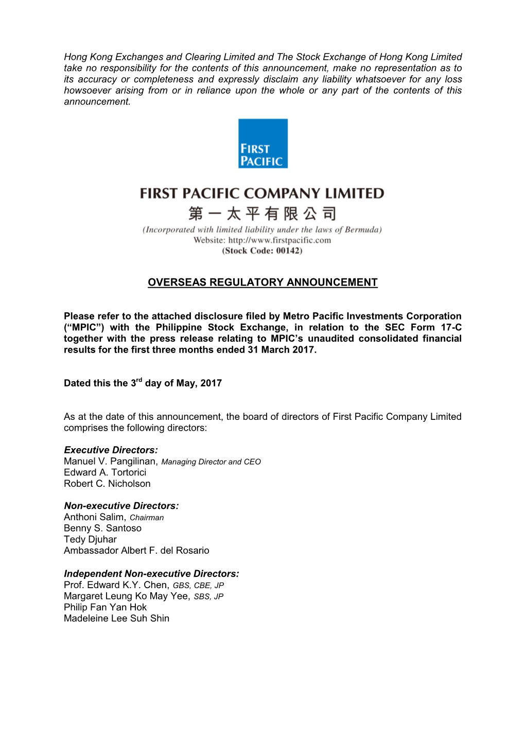 Disclosure Filed by Metro Pacific Investments Corporation ("MPIC")