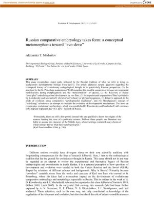 Russian Comparative Embryology Takes Form: a Conceptual Metamorphosis Toward “Evo-Devo”