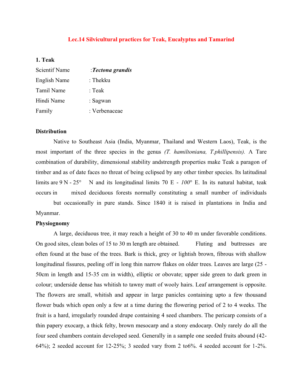 Lec.14 Silvicultural Practices for Teak, Eucalyptus and Tamarind