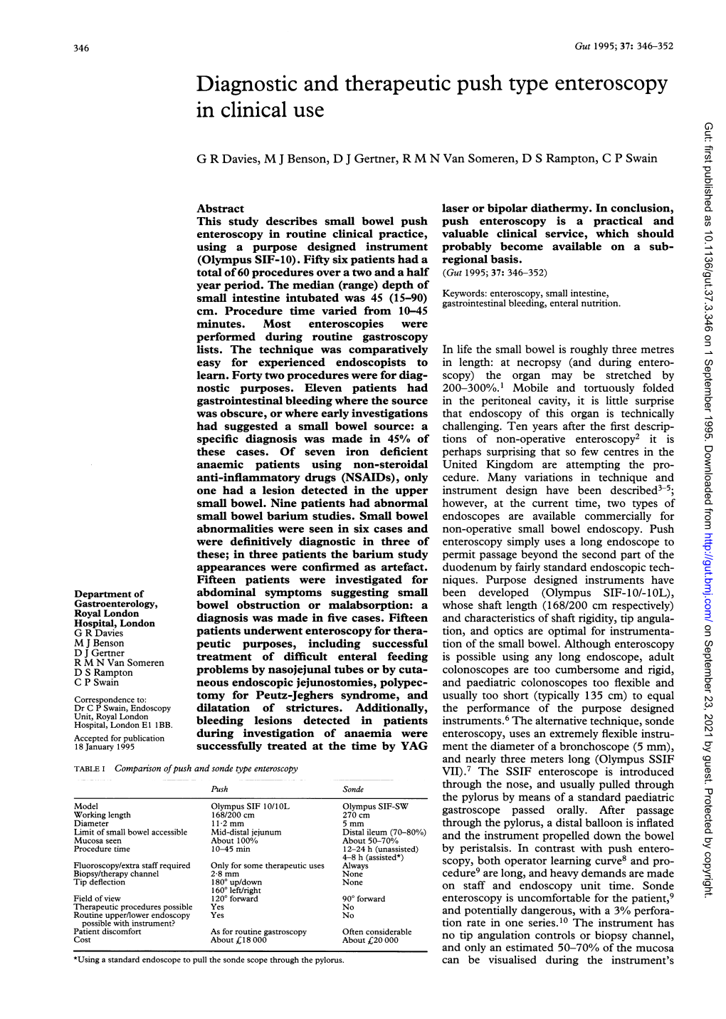 Diagnostic and Therapeutic Push Type Enteroscopy in Clinical Use Gut: First Published As 10.1136/Gut.37.3.346 on 1 September 1995