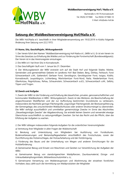 Satzung Der Waldbesitzervereinigung Hof/Naila Ev