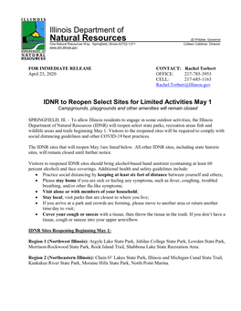 IDNR to Reopen Select Sites for Limited Activities May 1 Campgrounds, Playgrounds and Other Amenities Will Remain Closed