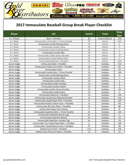 2017 Immaculate Collection Baseball Group Break Player Checklist