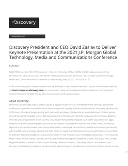 Discovery President and CEO David Zaslav to Deliver Keynote Presentation at the 2021 J.P