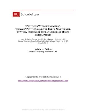 Petitions Without Numbeer”: Widows’ Petitions and the Early Nineteenth- Century Origins of Public Marriage-Based Entitlements