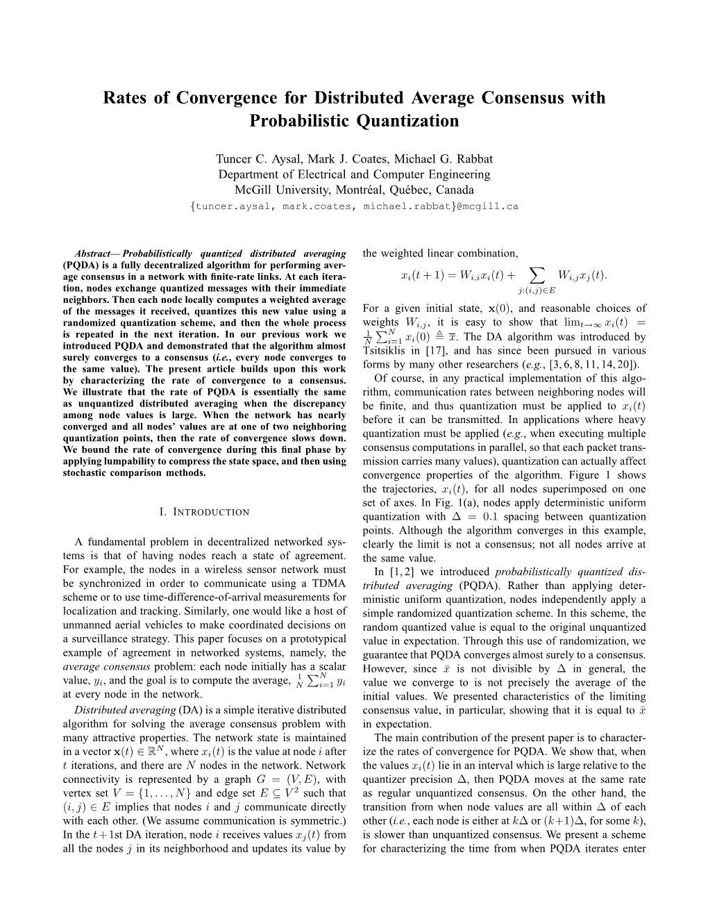 Rates of Convergence for Distributed Average Consensus with Probabilistic Quantization