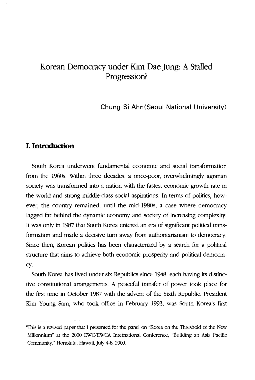Korean Democracy Under Kim Dae Jung: a Stalled Progression?