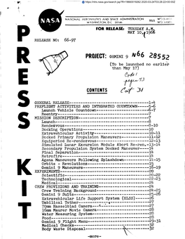 PROJECT: GEMINI 9 N66 28552 R (To Be Launched No Earl& E Than May 17) S CONTENTS S