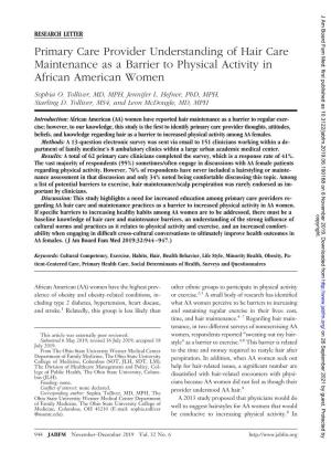 Primary Care Provider Understanding of Hair Care Maintenance As a Barrier to Physical Activity in African American Women