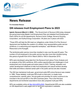 GN Releases Inuit Employment Plans to 2023
