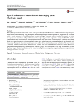 Spatial and Temporal Interactions of Free-Ranging Pacas (Cuniculus Paca)
