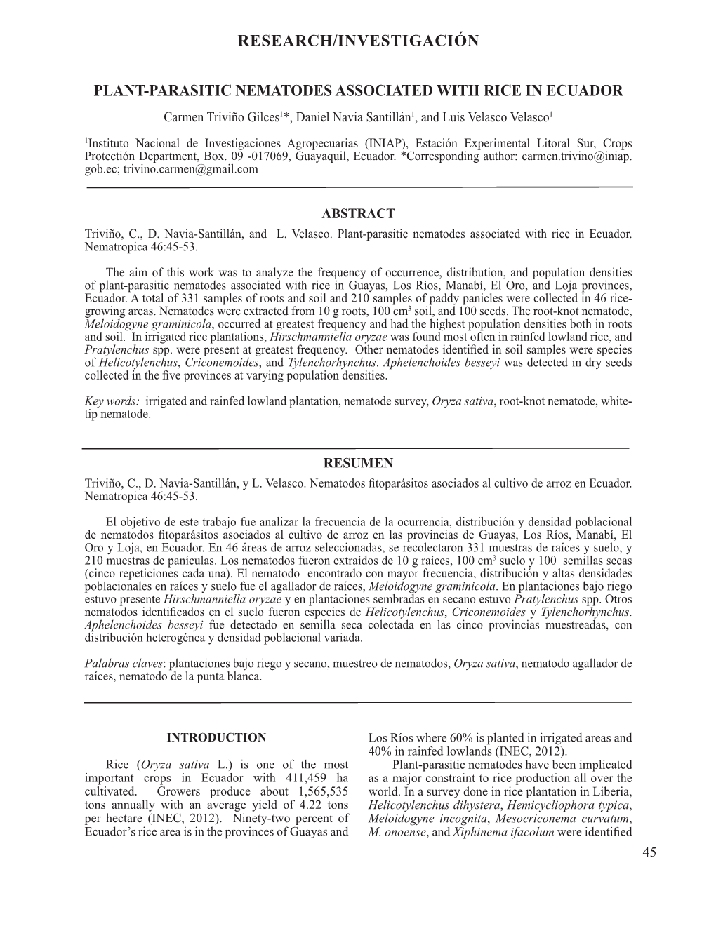 Research/Investigación Plant-Parasitic Nematodes Associated with Rice In