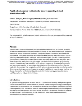 Rapid, Robust Plasmid Verification by De Novo Assembly of Short Sequencing Reads