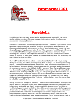 Paranormal 101 Pareidolia