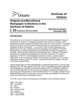 Original and Microfilmed Newspaper Collections in the Archives of Ontario Most Recent Update: L 23 Customer Service Guide December 2003