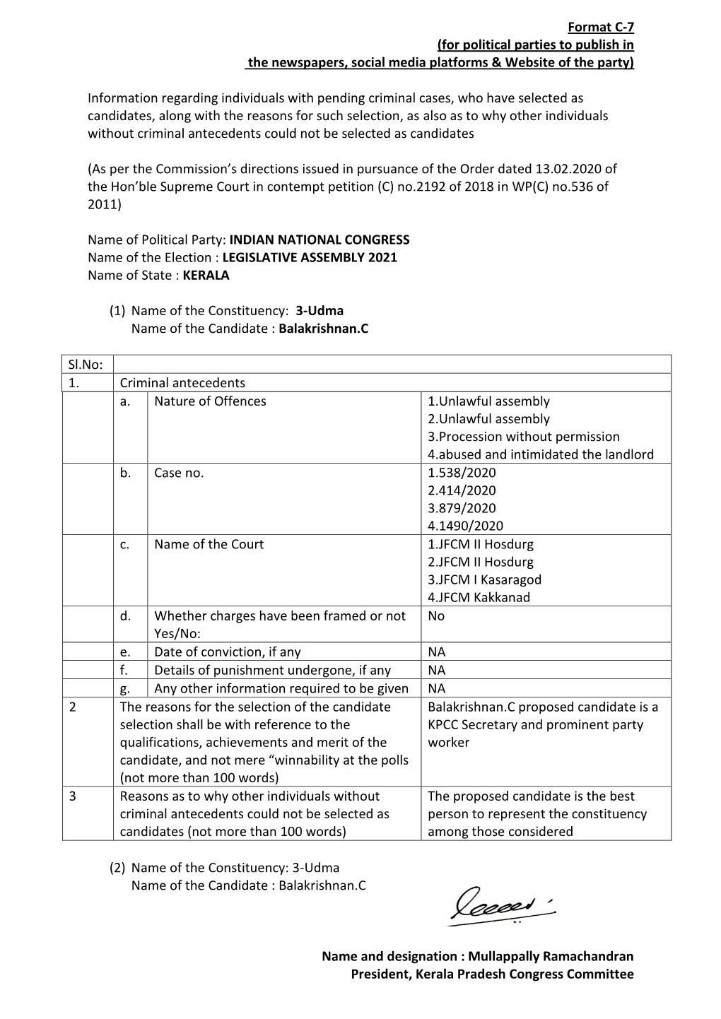 Format C-7 (For Political Parties to Publish in the Newspapers, Social Media Platforms & Website of the Party)