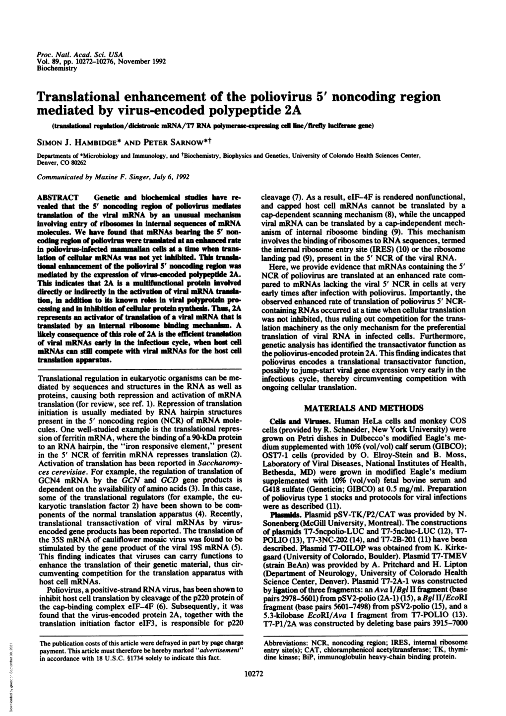 Translational Enhancement of the Poliovirus 5' Noncoding Region