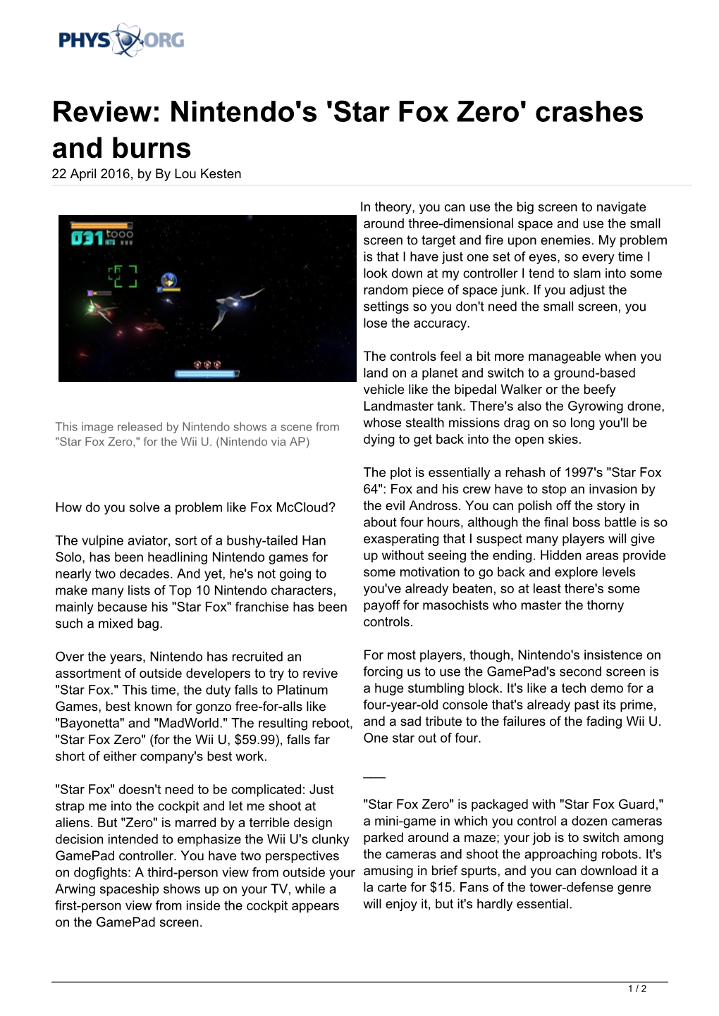 Nintendo's 'Star Fox Zero' Crashes and Burns 22 April 2016, by by Lou Kesten
