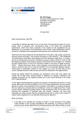 Letter to European Commissioner for Trade Phil Hogan on the Issue of Cross-Border Data