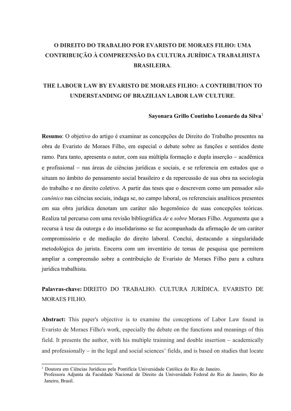 O Direito Do Trabalho Por Evaristo De Moraes Filho: Uma Contribuição À Compreensão Da Cultura Jurídica Trabalhista Brasileira