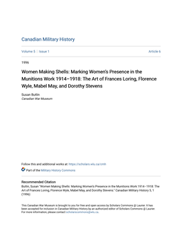 Women Making Shells: Marking Women’S Presence in the Munitions Work 1914–1918: the Art of Frances Loring, Florence Wyle, Mabel May, and Dorothy Stevens