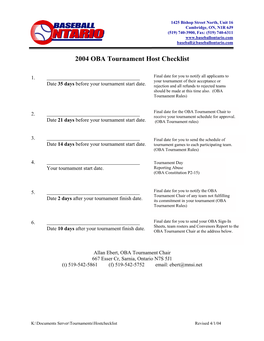 2004 OBA Tournament Host Checklist
