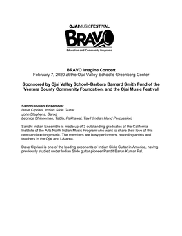 BRAVO Imagine Concert February 7, 2020 at the Ojai Valley School’S Greenberg Center