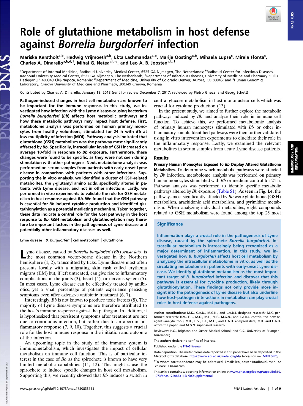 Role of Glutathione Metabolism in Host Defense Against Borrelia