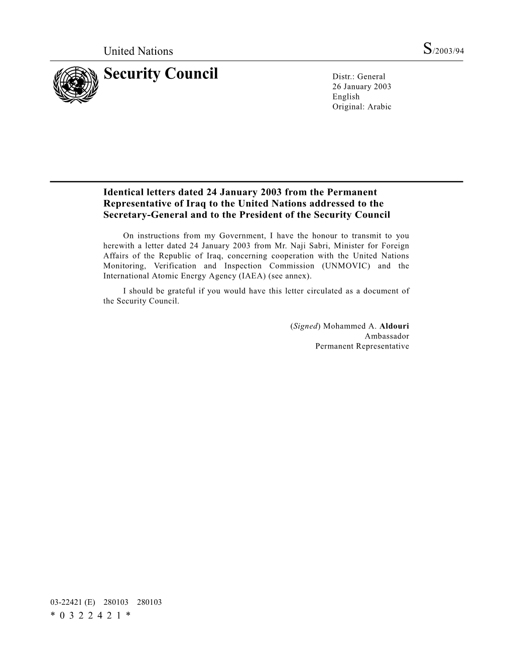 Security Council Distr.: General 26 January 2003 English