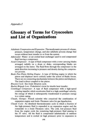 Glossary of Terms for Cryocoolers and List of Organizations