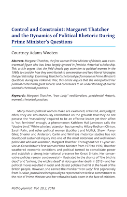 Control and Constraint: Margaret Thatcher and the Dynamics of Political Rhetoric During Prime Minister’S Questions