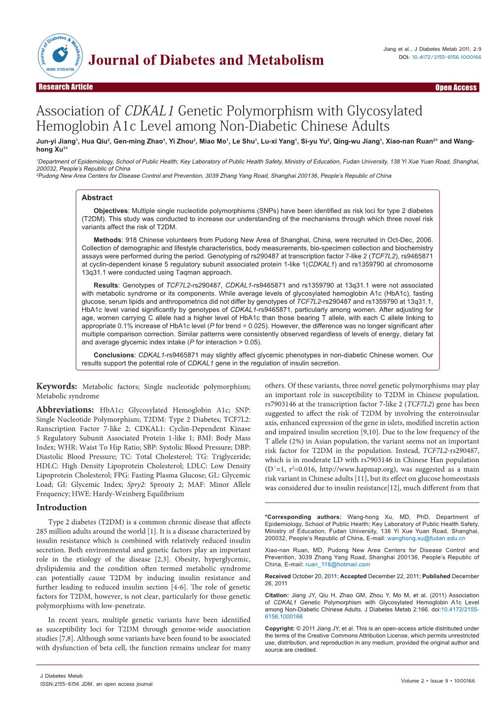 Association of CDKAL1 Genetic Polymorphism with Glycosylated