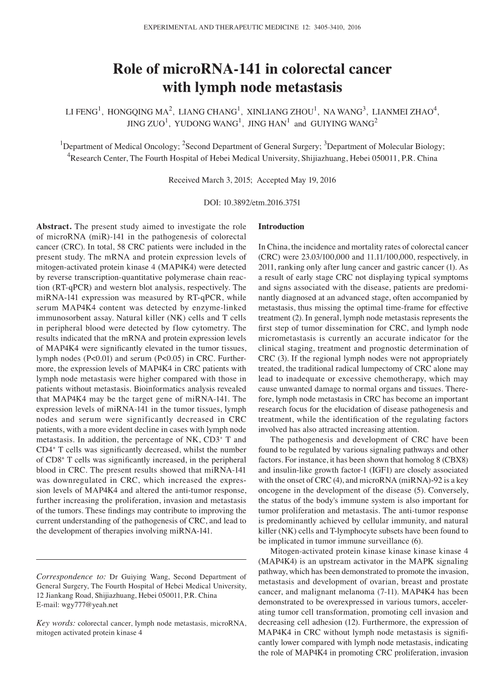 Role of Microrna-141 in Colorectal Cancer with Lymph Node Metastasis